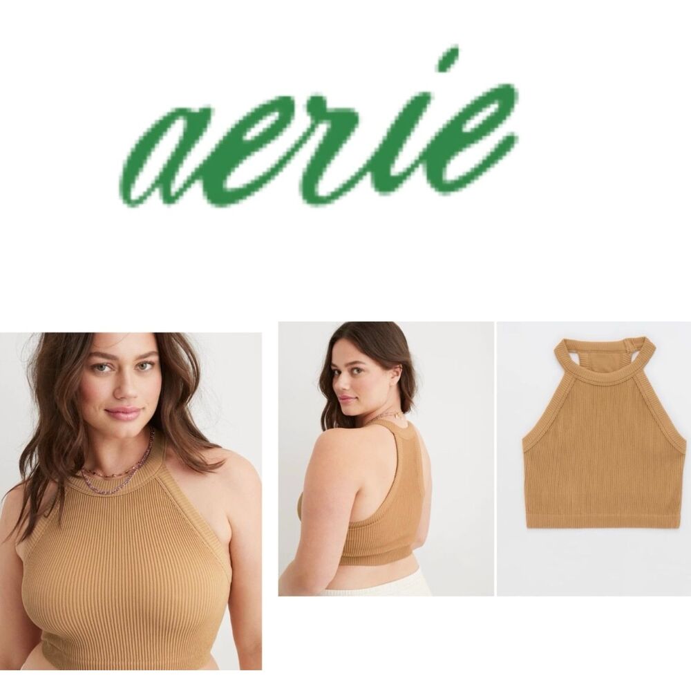 NWT SZ XL AERIE Superchill Seamless High Neck Knit Bra Knit in Beach Dune Color